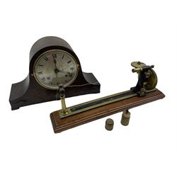 Goodbrand & Co. mahognay and brass yarn tester, oak cased mantle clock and a brass trench art lighter