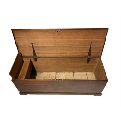 19th century oak blanket box, the hinged lid enclosing interior candle box, lower moulded rail on bracket feet