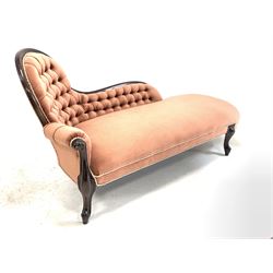 Victorian style stained beech framed chaise longue, upholstered in buttoned fabric, raised on cabriole supports L170cm
