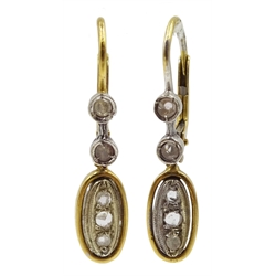 Pair of 18ct gold rose cut diamond, oval shaped pendant earrings