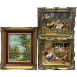 Oridle Harlock (British 20th Century): Animals Feeding and Chickens with Chicks, pair oil on board signed and dated in gilt frames; L Capieri (Continental School): Summer Stream, oil on canvas signed in gilt frame max 24cm x 19cm (3)