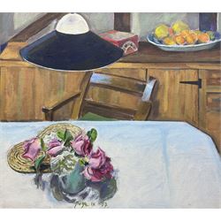 David Page (British 20th century): Still Life of Roses on a Table, oil on canvas signed and dated '87, 72cm x 81cm