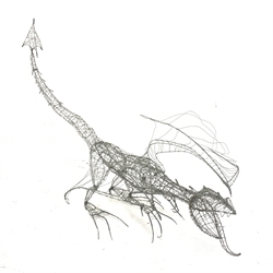 Wire work model of a Dragon titled 'Draco' by Haydon Cockroft, L97cm approx