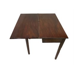 George III mahogany side table, rectangular fold-over extending top with moulded edge, raised on shaped square supports