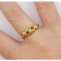 Early 20th century 18ct gold five stone diamond and pink stone set ring, Birmingham 1919