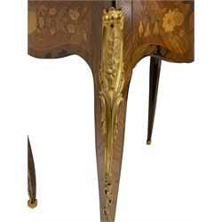 French design Kingwood and marquetry Bonheur du Jour writing desk, the raised serpentine back enclosed by two doors with a single shelf, inlaid all over with ribbon-tied floral bunches within shaped panels, mounted by gilt metal caryatid figured and moulded foliate edges, the frieze drawer fitted with leather inset slide revealing storage well, on cabriole supports, acanthus leaf mounts with trailing branch and intertwined foliate terminating to scrolled foliage feet