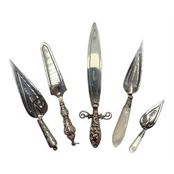 Silver sword shape bookmark by Crisford & Norris marked 'Silver', another of trowel shape Chester 1924 by Charles Horner, another Birmingham 1906 by Adie & Lovekin, another with mother of pearl handle Glasgow 1931 by W H Collins and a miniature trowel with mother of pearl handle Birmingham 1894 by James Fenton (5)