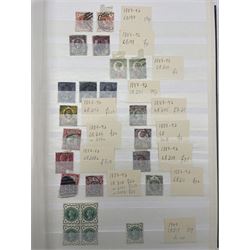 Great British and World stamps, including two Queen Victoria penny blacks both with red MX cancels, imperf penny red strip of four, mint perf penny red block of four, imperf two pence blues with white lines added, other Queen Victoria issues, King George V seahorses, 1860s and later Belgium, Austria, Queen Victoria and later Jamaica, United States of America, Queen Victoria and later Canada etc, housed in a stockbook 