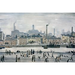 After Laurence Stephen Lowry R.B.A. R.A. (British 1887-1976): Northern River Scene, colour print 41cm x 60cm
