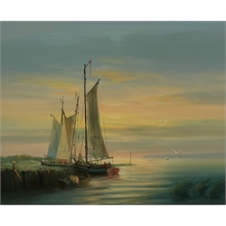 F Saiger (20th century): Boats in Calm Waters, oil on canvas signed 50cm x 60cm