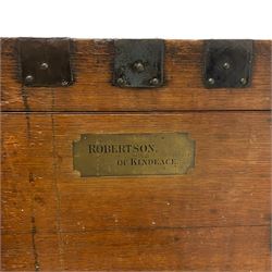 Large late 19th century oak and metal bound silver chest, with brass plaque inscribed 'Robertson, of Kindeace.', fitted with two wrought metal carrying handles 