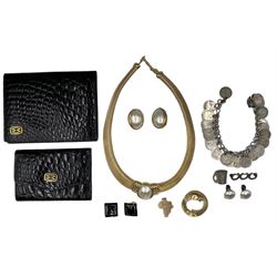 9ct gold Africa pendant, stamped 375, Christian Dior gilt simulated pearl necklace and matching pair of clip-on earrings, silver coin bracelet, Mappin & Webb leather card and address wallet, collection of medallions and a Smiths alarm watch set in jewellery box