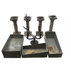 Three industrial aluminium crates or trays, max length 39cm, two pairs of wooden candlesticks and a metal effect candlestick in the form of deer antlers  