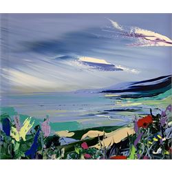 Duncan (DMAC) MacGregor (Scottish 1961-): Blue Skies and Wild Flowers on the Scottish Coast, acrylic on board signed, inscribed verso 'painted from my imagination - memories of Scotland and the Isle of Mull, best wishes Duncan DMAC' 80cm x 90cm
Provenance: gifted directly from the artist