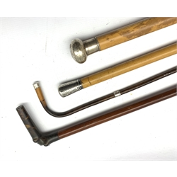 Malacca cane with engraved silver top London 1903, another, ladies partridge wood cane with silver  mounts and one other cane 