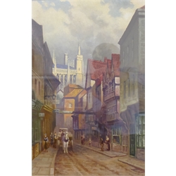 H Iredale (British 20th century): 'Old Stonegate' York, oil on board signed and titled 52cm x 34cm
