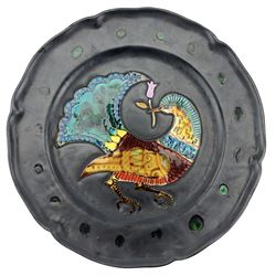 Emile Rocher (1928-2014)  French plate decorated with a colourful exotic bird with a flower in its beak on a black ground D26cm inscribed St Renan (19)75