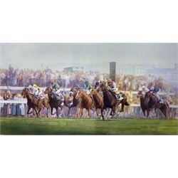 After Desmond Snee (Irish 20th century): 'Arkle and Pat Taffe', colour lithograph signed and numbered 404/475 together with After Mike P Heslop (British contemporary): Horse Racing, pair colour lithographs signed and numbered 154/500 and 113/500 max 46cm x 64cm (3)