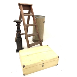  Early 20th century stained pine four rung step ladder, (H120cm) together with a cylindrical stick stand, (D42cm) a mahogany turned pedestal (H86cm) and a painted oak box (76cm)  