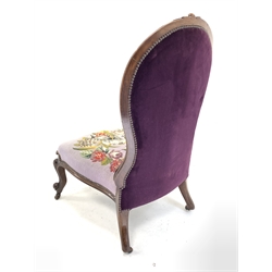  19th century walnut nursing chair with acanthus carved cresting rail over floral embroidered and bead work seat and back panel, raised on carved cabriole supports and ceramic castors, W54cm  