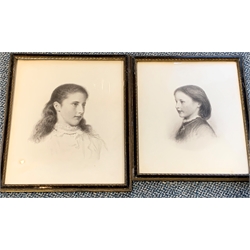 C.T. - A near pair of head and shoulders portraits of Agnes and Mary, daughters of the 2nd Viscount Halifax, grey wash titled on the reverse and signed with initials, larger 38cm x 32cm 