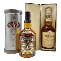 Bottle of 12 years old Glen Moray single highland malt whisky, 75cl 43% Vol. in presentation tin and a bottle of 12 year old Chivas Regal premium scotch whisky 70cl 40% Vol., in presentation tin tube (2)