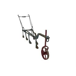 Vintage hand drag plough, painted red and blue L245cm