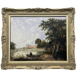 After Thomas Creswick (British 1811-1869): 'Fishing on the River Thames Near Eton College', oil on canvas inscribed 50cm x 63cm