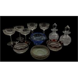 Pair of Stuart crystal champagne bowls, three champagne bowls with star engraved decoration, Whitefriars type Molar dish, pair of cut glass scent bottles, small Vasart dish, unsigned and a pair of Heisey moulded glass coasters