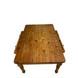 Victorian style pine kitchen table, the rectangular top over two frieze drawers on either side, raised on turned supports W122cm, H80cm, D183cm