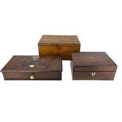 Victorian rosewood sewing box, oak storage box and a mahogany box, originally housing travelling scales (3)