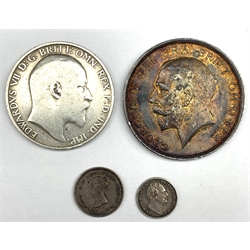 Queen Victoria 1839 maundy twopence, King William IV 1833maundy penny, King Edward VII standing Britannia florin (date illegible) and King George V 1916 half crown coin 