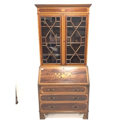  Edwardian inlaid mahogany bureau bookcase, astragal glazed doors enclosing three adjustable shelves over fall front door revealing inset writing surface and fitted interior, three graduated drawers to base raised on bracket feet, W92cm, H206cm, H43cm  