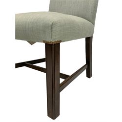 Set twelve (10+2) beech framed dining chairs, high back with serpentine top, upholstered in pale teal fabric with neutral removable covers in various shades