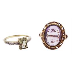 Gold oval amethyst ring with openwork gallery and a gold stone set ring, both 9ct stamped or hallmarked 