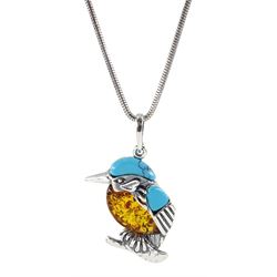 Silver turquoise and Baltic amber kingfisher pendant necklace, stamped 925 