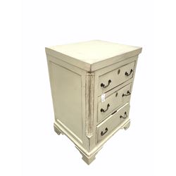 19th century painted chest, fitted with three oak lined drawers, raised on bracket supports (W65cm) together with a painted pine coffee table on turned supports (W91cm)
