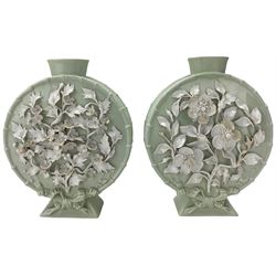 Pair of 19th century Paris porcelain moonflasks, the pale celadon ground decorated with floral encrusted flowers, within bamboo moulded borders, H20cm Provenance: From the Estate of the late Dowager Lady St Oswald