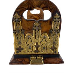 Victorian figured walnut and brass bound book slide by George Betjemann & Sons with patent self-closing mechanism, the gothic fretwork gilt brass mounts profusely engraved with floral scrolls, stamped 'Betjemann's Patent 817, Self Closing Book Slide', L40cm unextended