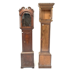  19th century oak longcase clock case with mahogany cross banding, (H217cm) and another oak longcase case, (H205cm)  