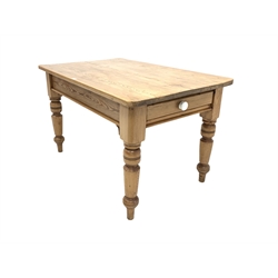 Victorian pine kitchen dining table, fitted with one drawer with ceramic pull handle, raised on turned supports 