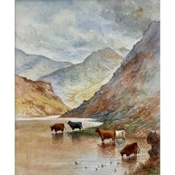 Harry Davis (British 1885-1970): Highland Cattle Watering, watercolour signed 18cm x 15cm 
Notes: Harry followed in the footsteps of his father and grandfather and started work at the Royal Worcester porcelain factory at the age of 13 where he continued to work until he retired in 1969 aged 83
