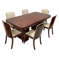 Attributed to Harry & Lou Epstein - Art Deco circa. 1930s figured walnut dining table, rectangular top with rounded corners, on rectangular end supports, figured book-matched veneers (182cm x 92cm, H77cm); set of six dining chairs, curved backs with figured book-matched veneers and shaped upper corners, on square supports with block feet 