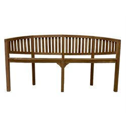 Solid teak garden bench, curved back and serpentine slatted seat