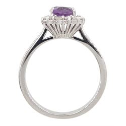 18ct white gold oval amethyst and round brilliant cut diamond cluster ring, hallmarked
