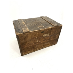 Late 19th century pine travelling trunk, with hinged lid revealing plain interior, wrought and cast iron recessed carry handles to each end, with traces of old paper labels, W81cm, H50cm, D55cm