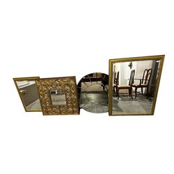 Square gilt framed mirror with wide foliate and shell moulded frame with two others; Art Deco design circular mirror with surrounding bevelled plates with two smaller similar 