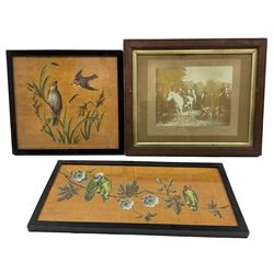 Two Victorian bead work pictures of birds and flowers, larger 34cm x 30cm and a photograph of the funeral of the Bilsdale Huntsman, Bobby Dowson 1902