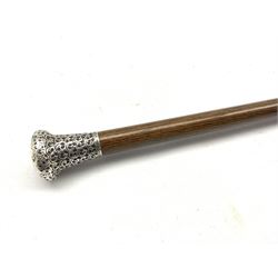 Early 20th century walking cane with embossed silver pommel inscribed J.W. Young RNR, by J.H, Birmingham, 1917