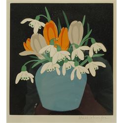 John Hall Thorpe (British 1874-1947): Crocuses and Snowdrops in a Blue Vase, woodcut signed in pencil 18cm x 16cm